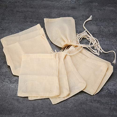 EORTA 50 Pieces Tea Strainer Bags Reusable Coffee/Tea/Herb Brew Bags Loose Leaf Infuser Cotton Muslin Drawstring Bags for Office Home Kitchen Cooking Travel, Beige