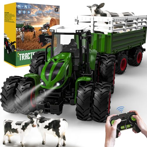 Ferngesteuerter Traktor Ferngesteuert, Ferngesteuertes Auto ab 3 4 5 Jahre, Traktor Spielzeug ab 3 Jahre, Rc Traktor mit Fernbedienung, Anhänger, Licht und Kuh, Weihnachten Geschenk für Kinder