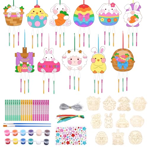 Prewplam Easter Craft for Kids - 11 Pack DIY Wooden Painting Wind...