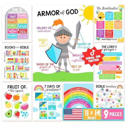 Hadley Designs Sunday School Decorations for Classroom – 9 Bible Posters for Kids, 11x14in Books of the Bible Poster, 10 Commandments, Fruits of the Spirit & More – Rainbow Christian Classroom Decor