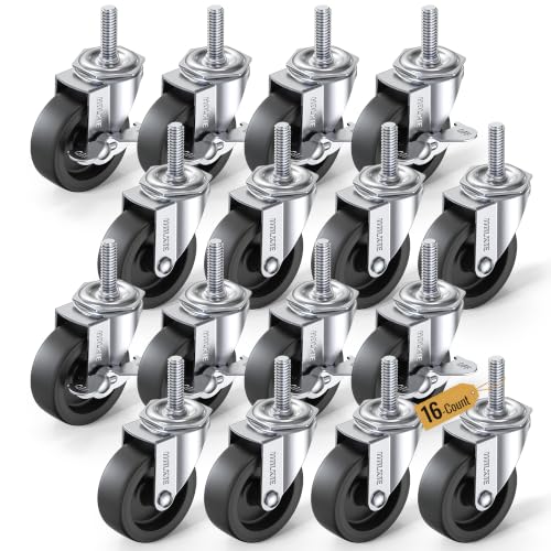 Image of HOLKIE Caster Wheels 3 inch Locking Casters Set of 16 with Brake & No Brake, Threaded Stem 3 /8 inch -16 x 1-1 /4 inch (Diameter 3 /8 inch, Length 1-1 /4 inch) Swivel Heavy Duty Castors Black