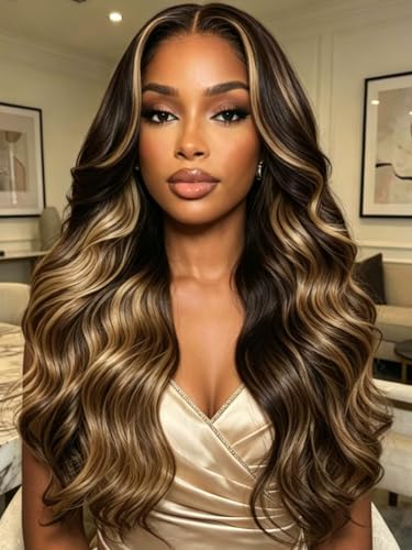 Image of KLAIYI Bye Bye Slip Pre Everything 13x4 Lace Front Honey Blonde Balayage Body Wave Human Hair Wig with Chestnut Brown Roots Drawstring Glueless Ombre Pre Plucked Bleached Knots Wear and Go Wig 20Inch