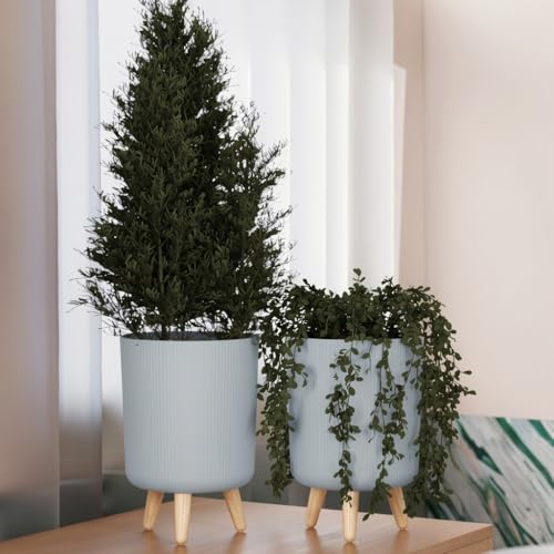 Image of StyleX Store Modern Flower Pot with Plastic Legs | Indoor Outdoor Planter for Home Garden Balcony Decor Ribbed Design Sturdy Plastic Mid-Century Style (Dusty Blue Pack of 2)