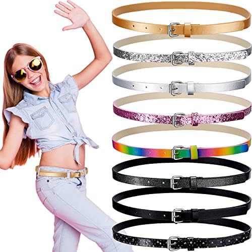 Geyoga 8 Pieces Girls Dress Belts Skinny Waist Rainbow Belt Silver Kids Belts for Girls (Medium)
