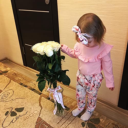 KuKitty 3Pcs Baby Girl Outfits Set Long Sleeve Ruffle T-Shirt Tops Floral Printed Pants with Headband (9-12 Months)