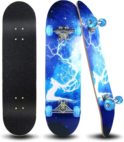 Easy_Way Complete Skateboard for Beginners Kids Boys Girls Teenager - 31 x 8 Canadian Maple Cruiser Pro Skate Board with PU Light up Wheels Deer Flash Wheel Design