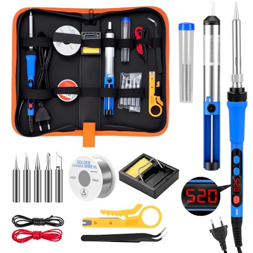 Wvoillty 120 W Kit de Fer à Souder Numérique, Ecran LCD, Température Réglable 180-520 °C, Kit Soudage 15 en 1 Comprenant 5 Pannes, Une Pompe à Dessouder...