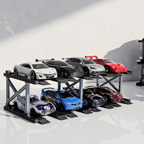 Image of 1:64 Diecast Car Display Enclousure - Multi-Tier Collectible Diecast Cars Storage for Hot Wheels, Mini GT & Matchbox | Matte Black & Silver (2 Tier - 8 Car Capacity)