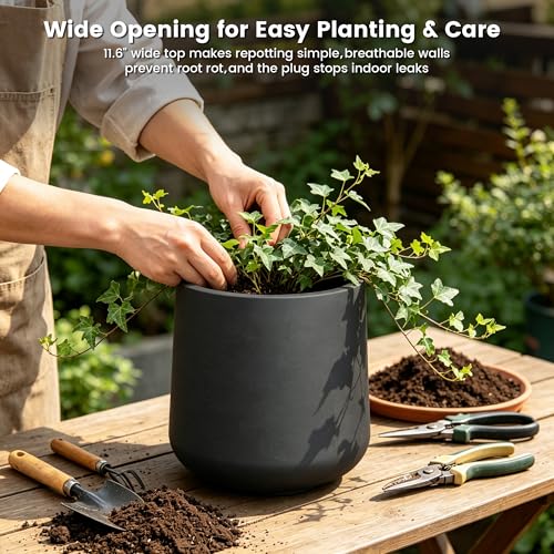 Image of Kante Accent Round Curved Black Concrete Planter 13 inch Dia, Outdoor | Rubber Plug for Indoor, Drainage for Garden, All-Weather Cement Flower Pot, Handcrafted, Anti-Frost & UV, Modern Home Decor