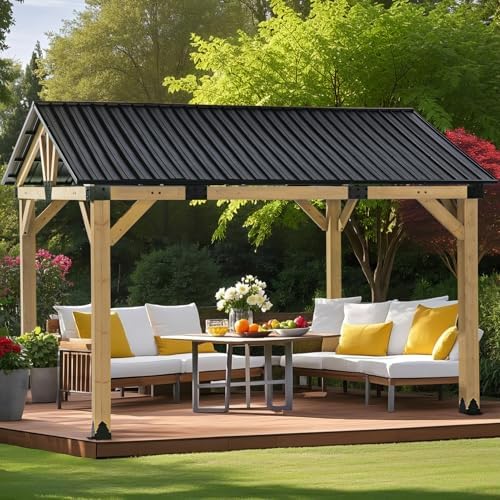 CHARMELEON 12x14 Cedar Wood Gazebo,Heavy Duty Patio Gazebo with Metal Gable Roof,Permanent Hardtop Gazebos Pavilion for Backyard,Outdoor,Deck,Garden,Porch