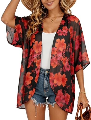 Image of FINOCEANS Womens Floral Chiffon Kimono Cardigans Loose Beach Cover Up Half Sleeve Tops