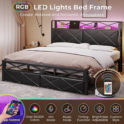 image for DICTAC Queen Size Bed Frame with 2 Storage Drawers,Hidden Storage Head