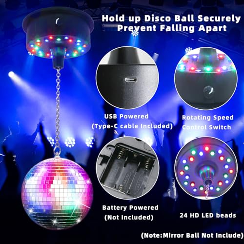 Image of Remote Control 5 RPM-9 RPM Adjustable Mirror Ball Rotating Motor with 24 RGB Led Light for 4 6 8 12 inch Disco Balls (Not Include) for Party Decoration DJs Bands Pubs (USB /Battery Powered)
