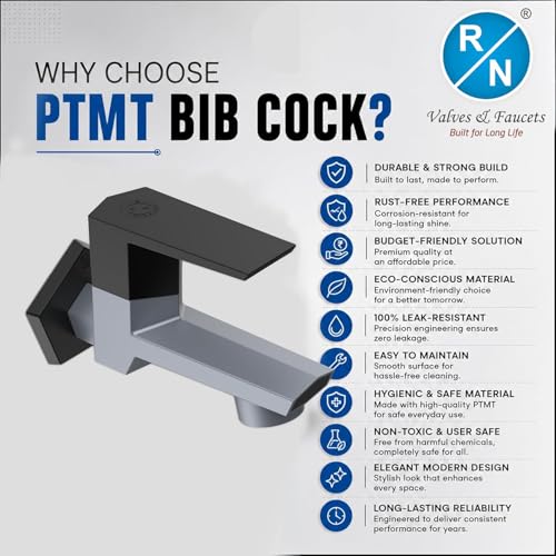 Image of RN PTMT Bib Cock for Bathroom | 15mm Foam Flow Water Tap with Flange | Luxury G20 Series Faucet | High-Grade Engineering Polymer Tap (Metallic Grey Black Dual, Pack of 1)
