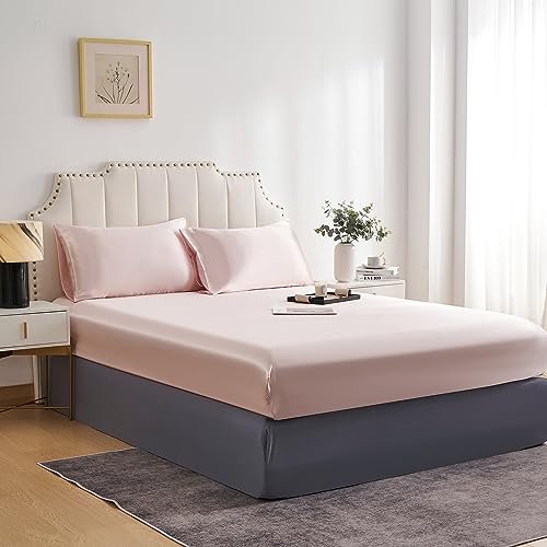 DuShow Fitted Sheet Super King-Deep Pocket Satin Silky Bed Sheet,Breathable Soft and Comfortable-Wrinkle,Fade,Satin and Abrasion Resistant(Super King,Blush Pink) - Image 2
