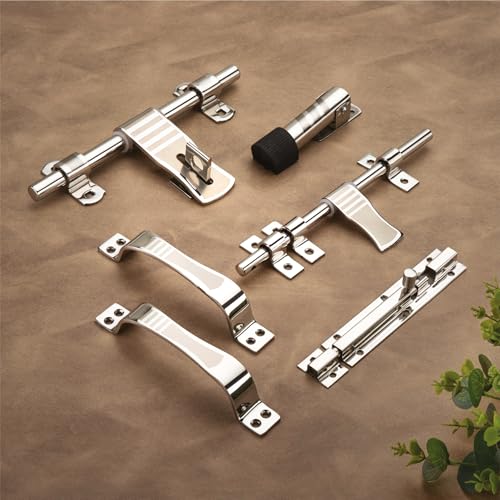 Image of COMPASS D-Cut Stainless Steel Heavy Single Door Fitting Accessories Full Set /Kit (1 Aldrop, 1 Latch, 2 Handles, 1 Tower Bolt and 1 Door Stopper | 10 inch | SS Finish