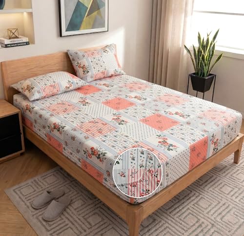 Image of VAS COLLECTIONS Cloud Cotton Corner Elastic Fitted Double Bedsheet Set (78 x 72 + 8 Inches) with 2 Pillow Covers | 160-180 TC Soft Breathable Cotton Fitted Sheet | Bed Sheet (Pastel Patchwork)