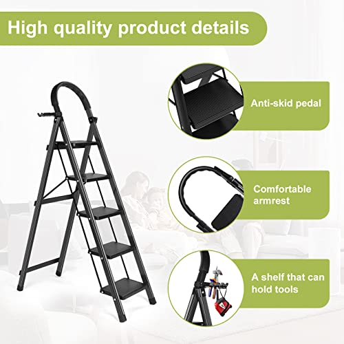 Aesraou 5 Step Ladder With Anti-Slip Pedal - Folding Step Stool With Tool Tray 300 Lbs Portable Steel Ladder For Adults For Home Kitchen Library Office #TOP2