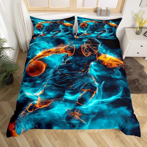 BJCJGGL 布団カバー セミダブル バスケットボール 掛け布団カバー 3点セットポリエステル 防ダニ 抗菌防臭 通気吸湿 布団カバー 170x210 cm + 2 枕カバー 43x63 cm
