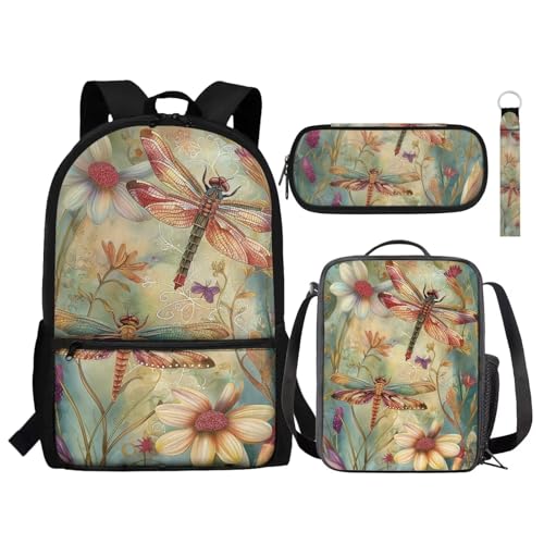 Set 4 in 1 per bambini con borsa per la scuola termica per il pranzo astuccio portamatite portachiavi per libri alla moda Libellula Fiore Retro Taglia unica Zaini Daypack