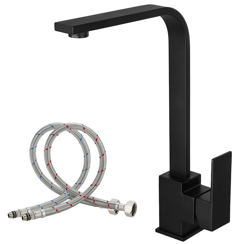 Haiba Kitchen Sink Mixer Taps Solid Brass Matte Black Modern Square 360 Degree Swivel Spout Single Lever with UK Standard Fittings