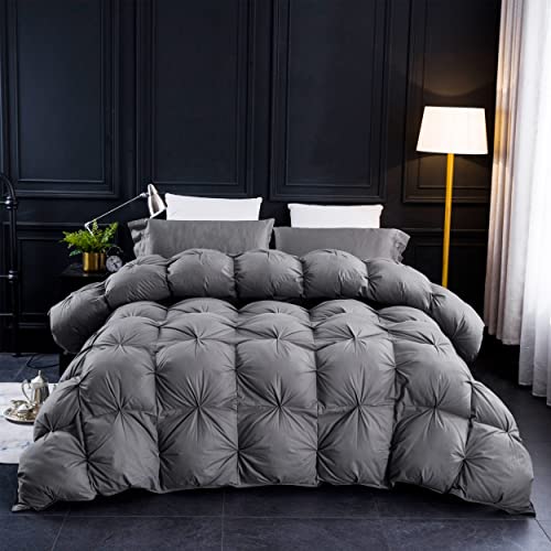 Three Geese Pinch Pleat Waterfowl Feathers and Down Comforter Twin Size Duvet Insert,750+ Fill Power,1200TC 100% Cotton, Premium All Seasons Gray Warm Hotel Comforter with 8 Tabs.