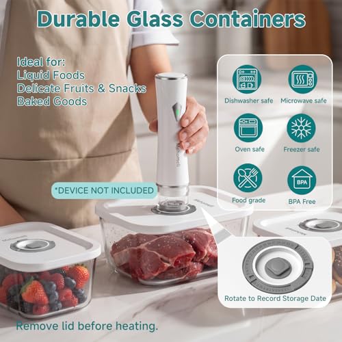 Image of Mehomeli Glass Vacuum Seal Containers for Food Storage, 3pcs set [1x Small, 1x Medium, 1x Large],Works with Handheld Vacuum Sealer for Freezer, Liquid & Delicate Foods,BPA-Free, with Date Tracking Lid