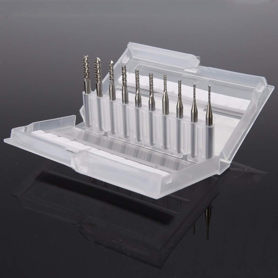 Brocas de corte de fresa de extremo, broca de grabado, 10 piezas Juego de fresas de extremo de carburo cementado de 1/8" Brocas CNC rotativas de cortador de grabado de PCB de 0,8-3,175 mm