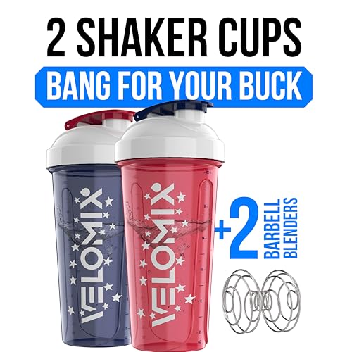 Image of VELOMIX -2 Pack- 28 oz Protein Shaker Bottles for Protein Mixes - 2x Wire Whisk | Leak Proof Shaker Cups for Protein Shakes and Pre Workout | Protein Shaker Bottle Pack (USA Flag)