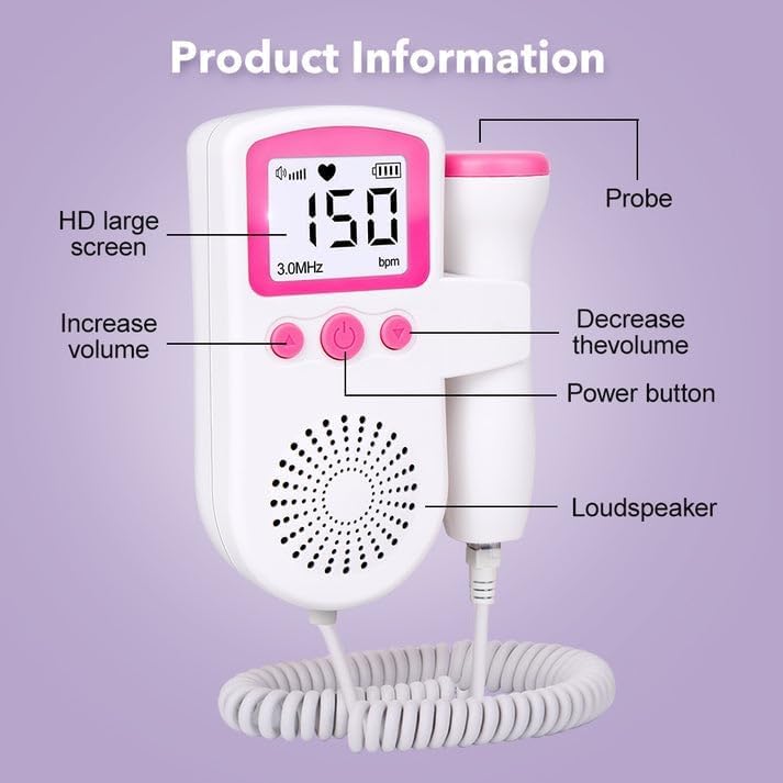 Image of Fetal Doppler with Speaker, Companion with 50-230M Measuring Hz, LCD Display, and Pocket Size Convenience in Pink (with Gel)