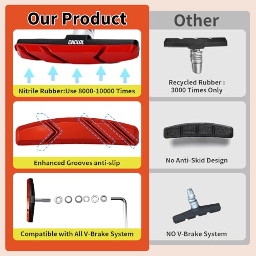 Image of Chooee Bike V-Brake Pads, Bicycle 70mm Brake Blocks Set, 2 Pairs Universal Brake Shoes