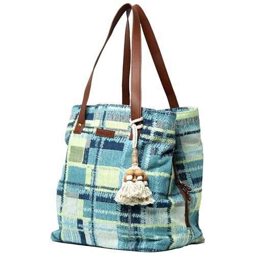 Image of maisha by Esha Stylish Cotton Jacquard Tote Bag for Women - Handcrafted Travel Handbag, Cabin & Overnight Bag | Spacious Multi-Purpose Bag with 3 Compartments