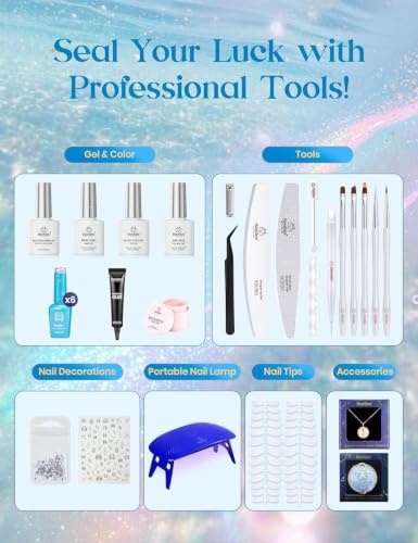Image of Beetles Moonlit Sanctuary Lucky Box Cancer Zodiac Gel Nail Polish Kit | with Mini UV Light Blue White Pearl Sliver Colors, Nail Art Set with Tools Necklace Badge, Salon DIY Zodiac Gift for Women