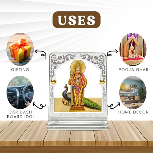 Image of Eknoor 24ct Gold Plated Murugan Ji Acrylic Crown Dashboard Frame | 24ct gold-plated Kartikeya Ji foil on arch crown acrylic frame with peacock and silver engraving