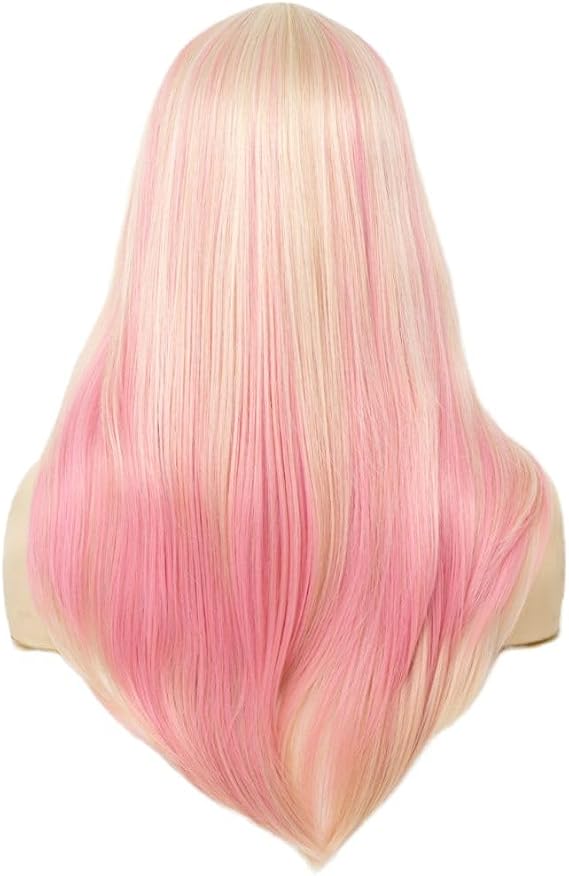 Pink and Blonde Straight Long Wigs for Women Pink Middle Part Synthetic Fiber Hair Wig for Cosplay Costume Halloween Party Use
