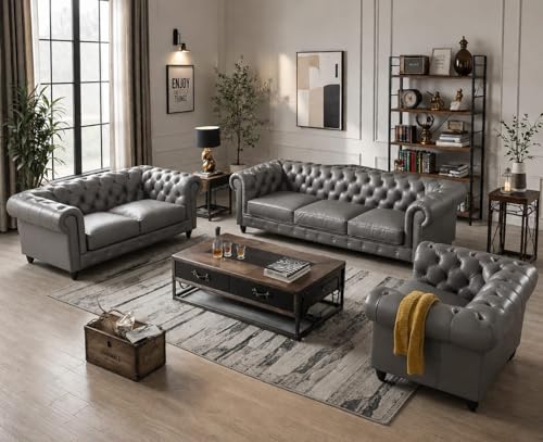 Image of Modern Classic Design Leatherette Luxury Chester Sofa Set with Button Tufted, Sofa for Living Room Home, Office and Lobby (Grey, 3+2+1=6 Seater Sofa)