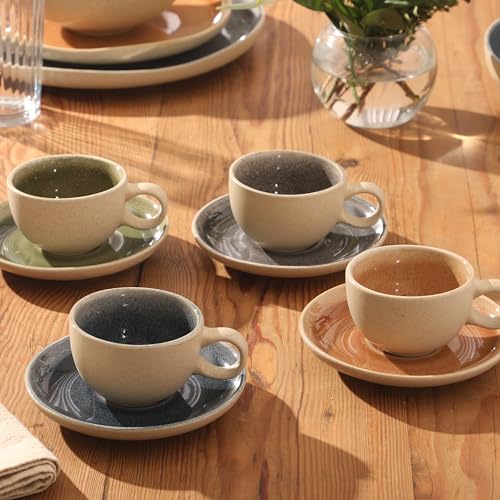 Image of Gibson Elite Manila Bay 8-Piece Stoneware 5 oz Cup and Saucer Set, Reactive Glaze Espresso & Coffee Cups with Saucers, Assorted Colors