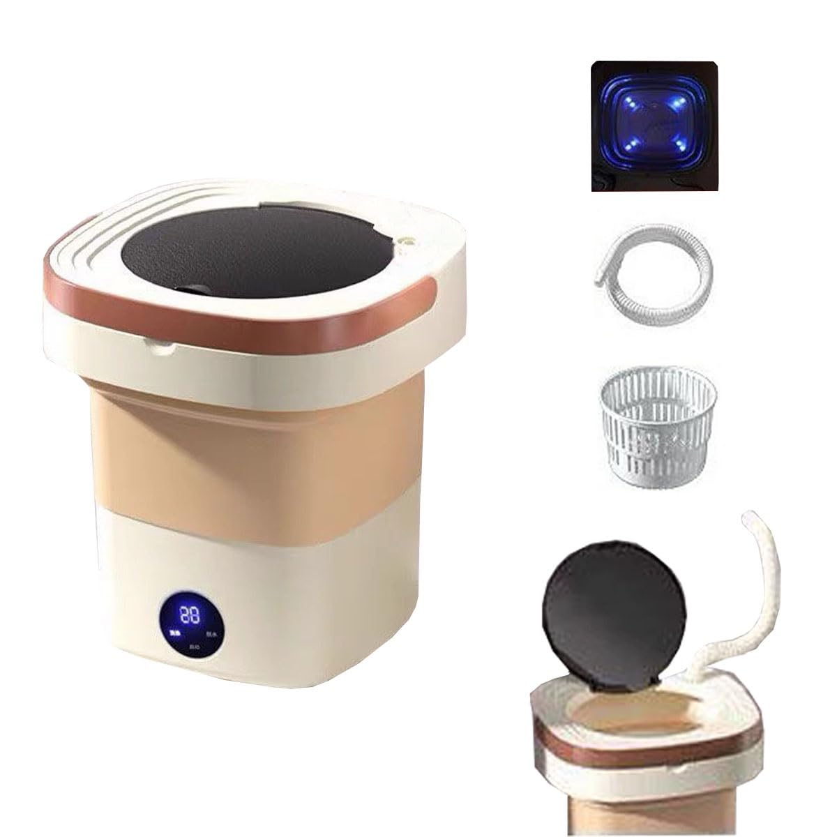 2 In 1 Mini Washer And Dehydrator Combo 8x8x12in Foldable Washing Machine 16L Capacity For Laundry, Dorms, College, RV, Hotels, Home Camping(Khaki)