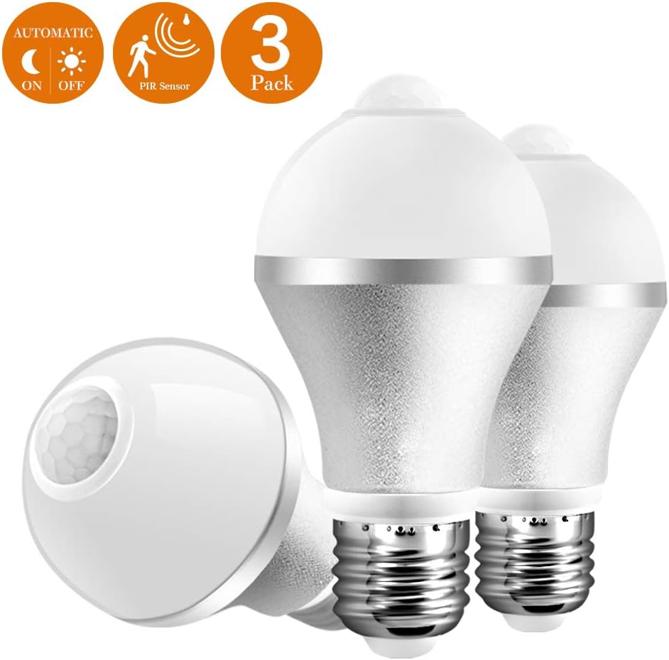 Motion Sensor LED Light Bulb 9W 6500K Smart Motion Detector Human Body Induction Lamp with Auto On/Off E26/E27 800LM for Stair Front Door Hallway Basement 【Cold White, 3-Pack】