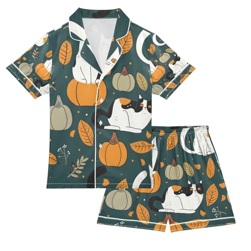 senya Cat on Pumpkin Satin Summer Pajama Sets Silk Short Sleeve Button Down Sleepwear