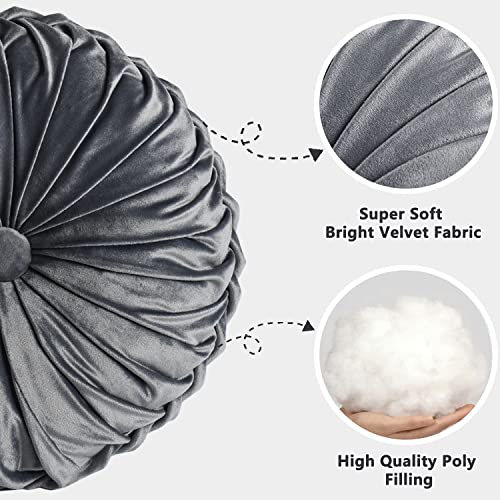 Image of HIG Set of 2 Decorative Round Pleated Throw Pillows, Classy Accent Pumpkin Throw Pillows with Center Button, Vintage Velvet Floor Pillows for Sofa Vanity Chair Bed, Dark Gray, 14.5 inch Diameter(Ripple)