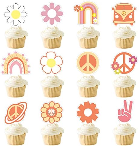 LOSHINE Two groovy party decorations-24PCS Hippie Party Cupcake Toppers- Boho Birthday Party Decorations Hippie Party - Cupcake