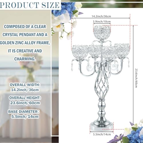 Crystal Candelabra Centerpiece, 5-Light Gold Metal Stand with Hanging Crystals, Decorative Wedding Table Holder (1, Silver) - Thumbnail 2