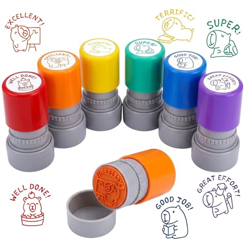 Puniama6 Pack Capybara Teacher Stamps Self-Inking Rubber Stamps Cute Reward Stamps for Kids Good Job & Well Done Classroom Grading Fun Encouragement Tools for Teachers