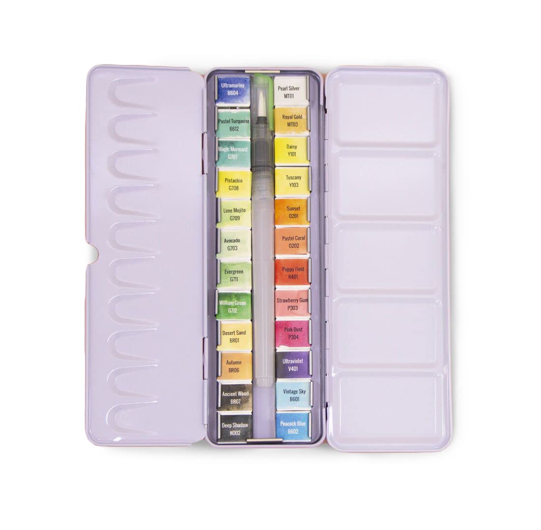 Craftelier - Caja de Pastillas de Acuarelas con Surtido de 24 Colores + Pincel con Depósito de Agua o Waterbrush para Caligrafía, Lettering o Mixed Media y otras Manualidades | Alta Pigmentación