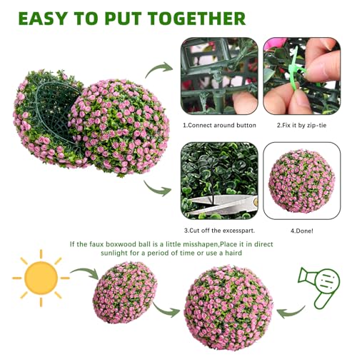 17.7" Artificial Topiary Flower Balls, Set of 2 Decorative Topiary Balls Hanging Grass Ball for Home Decor Indoor and Outdoor,Pink