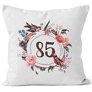 MoonWorks Kissen-Bezug Geburtstag 85 fünfundachzig Geschenk-Kissen Blumen Blüten Blumenkranz Bordüre Kissen weiß Unisize