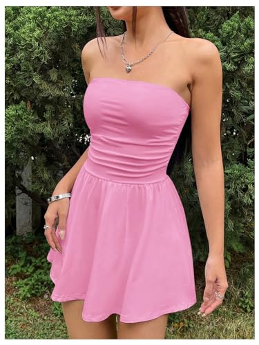 MakeMeChic Vestido feminino sem alças de verão sem mangas minivestido franzido evasê flare curto, ro