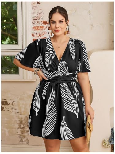 Image of Floerns Women's Plus Size Printed V Neck Short Sleeve Ruffle Hem Summer Short Dresses