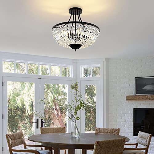 Wingbo 19.5 Inch Crystal Ceiling Light Fixture, 5-Light Raindrop Semi Flush Mount Chandelier, Modern Round Close To Ceiling Hanging Light For Living Room Dining Room Bedroom Hallway thumb #6